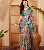 Teal linen floral printed casual saree with blouse piece
