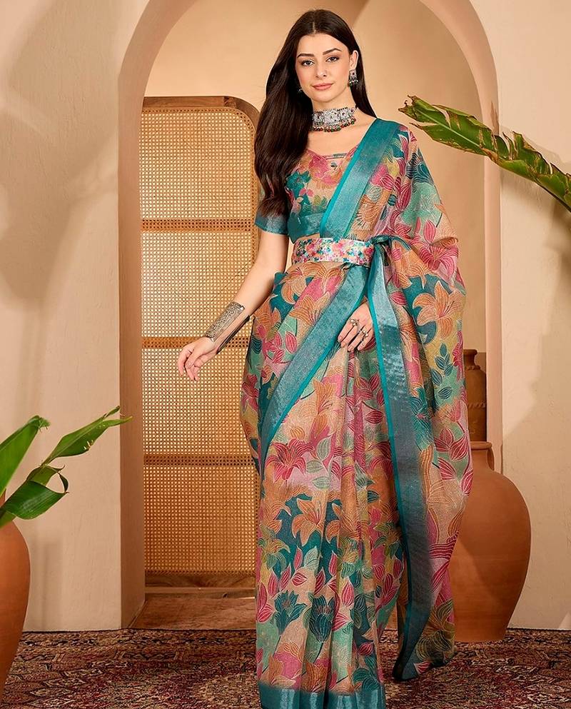 Teal linen floral printed casual saree with blouse piece