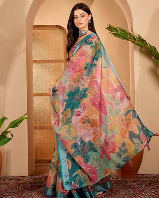 Teal linen floral printed casual saree with blouse piece 2