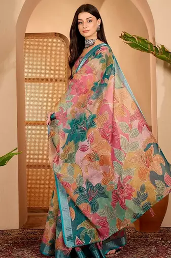 Teal linen floral printed casual saree with blouse piece