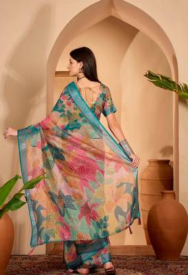 Teal linen floral printed casual saree with blouse piece 3