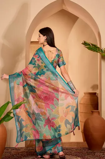 Teal linen floral printed casual saree with blouse piece