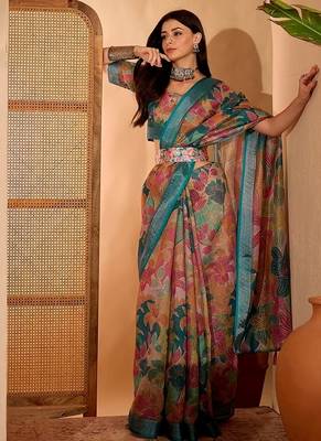 Teal linen floral printed casual saree with blouse piece 4