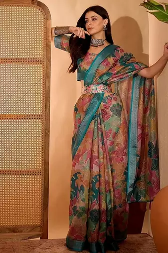 Teal linen floral printed casual saree with blouse piece