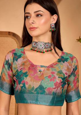 Teal linen floral printed casual saree with blouse piece 5