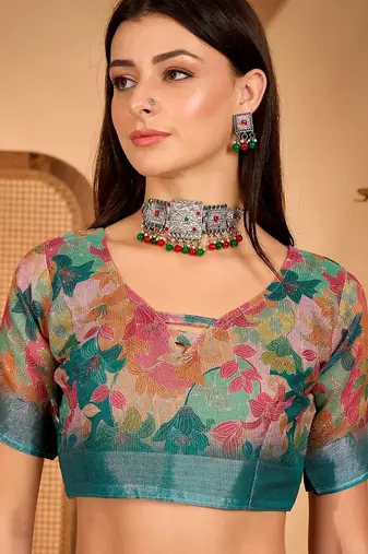 Teal linen floral printed casual saree with blouse piece