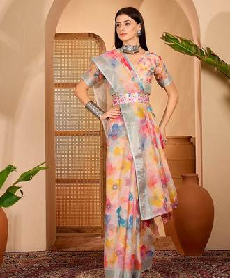 Multicolor linen floral printed casual saree with blouse piece 1