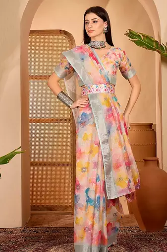 Multicolor linen floral printed casual saree with blouse piece