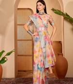Multicolor linen floral printed casual saree with blouse piece