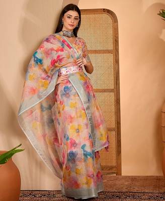 Multicolor linen floral printed casual saree with blouse piece 2