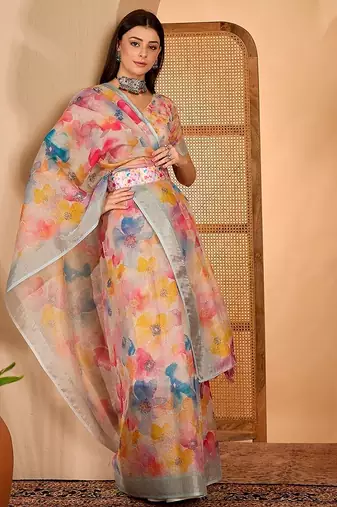 Multicolor linen floral printed casual saree with blouse piece