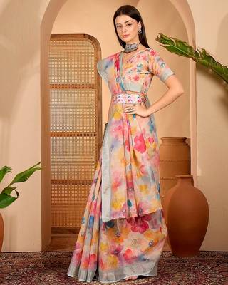Multicolor linen floral printed casual saree with blouse piece 3