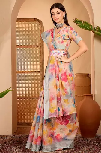 Multicolor linen floral printed casual saree with blouse piece