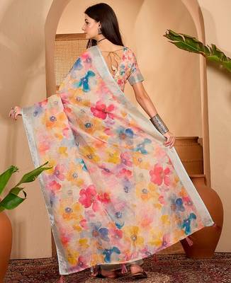 Multicolor linen floral printed casual saree with blouse piece 4