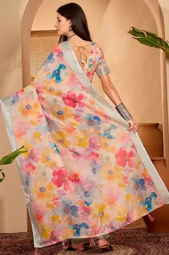 Multicolor linen floral printed casual saree with blouse piece