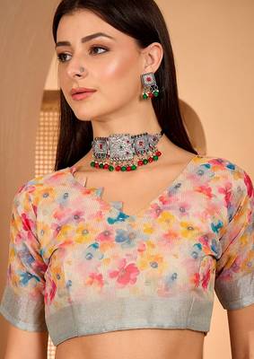 Multicolor linen floral printed casual saree with blouse piece 5