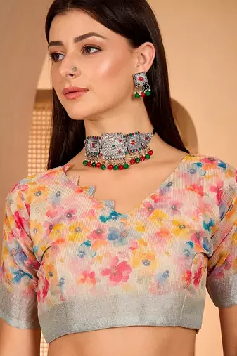Multicolor linen floral printed casual saree with blouse piece