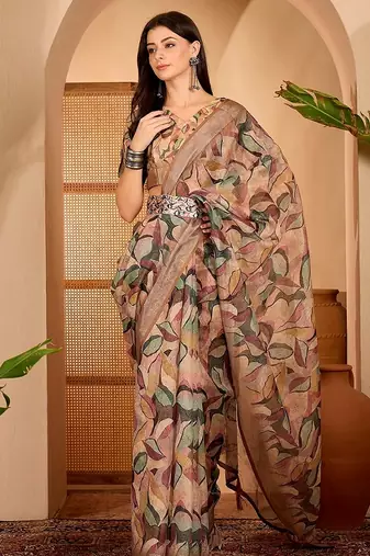 Brown linen geometric printed casual saree with blouse piece