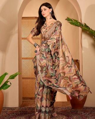 Brown linen geometric printed casual saree with blouse piece 2