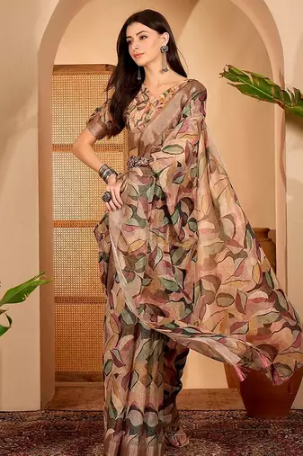 Brown linen geometric printed casual saree with blouse piece