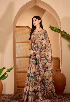 Brown linen geometric printed casual saree with blouse piece 3