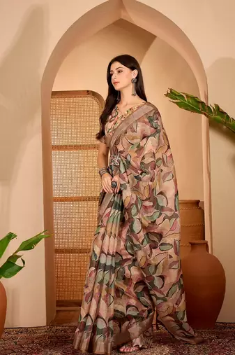 Brown linen geometric printed casual saree with blouse piece
