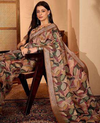 Brown linen geometric printed casual saree with blouse piece 4