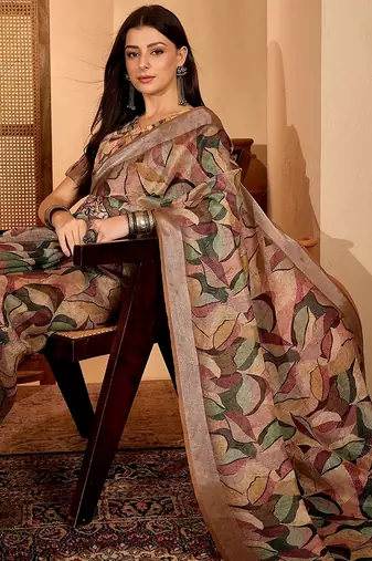 Brown linen geometric printed casual saree with blouse piece