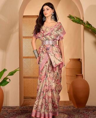 Pink linen floral printed casual saree with blouse piece 1