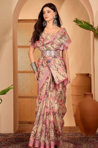 Pink linen floral printed casual saree with blouse piece