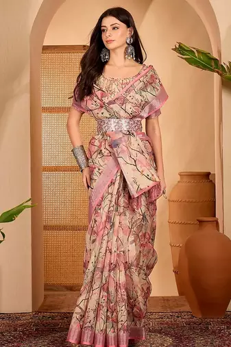Pink linen floral printed casual saree with blouse piece