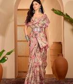 Pink linen floral printed casual saree with blouse piece