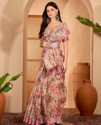 Pink linen floral printed casual saree with blouse piece 2