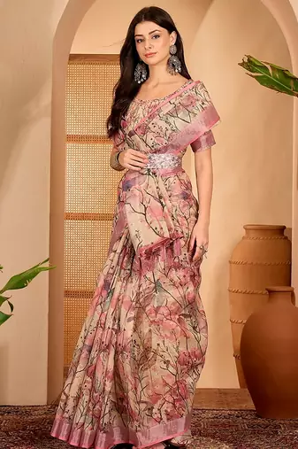 Pink linen floral printed casual saree with blouse piece