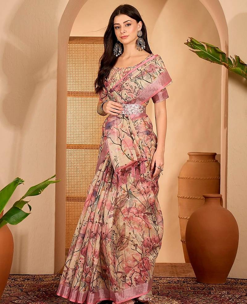 Pink linen floral printed casual saree with blouse piece