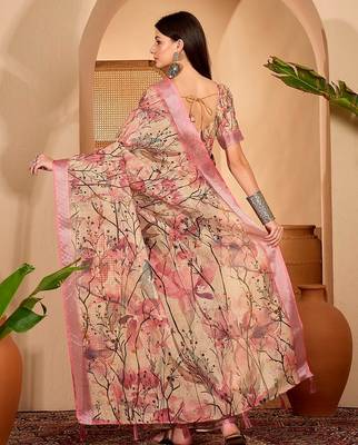 Pink linen floral printed casual saree with blouse piece 3