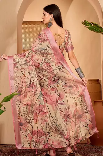 Pink linen floral printed casual saree with blouse piece