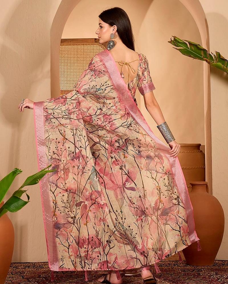Pink linen floral printed casual saree with blouse piece