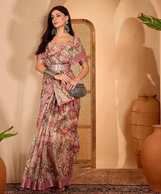 Pink linen floral printed casual saree with blouse piece 4