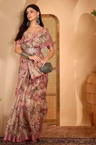 Pink linen floral printed casual saree with blouse piece