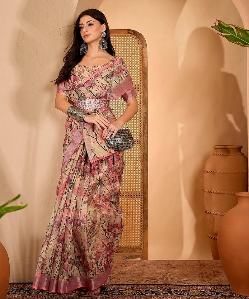 Pink linen floral printed casual saree with blouse piece
