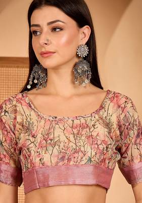 Pink linen floral printed casual saree with blouse piece 5