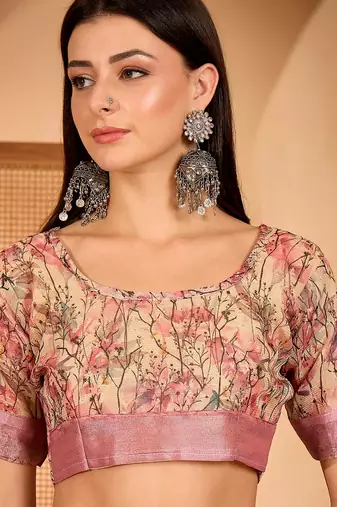 Pink linen floral printed casual saree with blouse piece