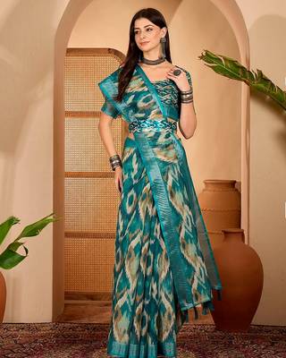 Royal blue linen geometric printed casual saree with blouse piece 1