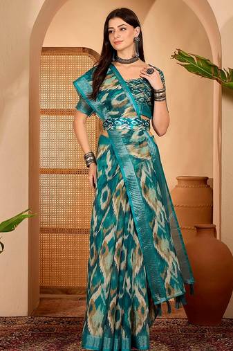 Royal blue linen geometric printed casual saree with blouse piece