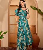 Royal blue linen geometric printed casual saree with blouse piece