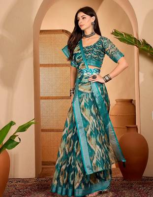 Royal blue linen geometric printed casual saree with blouse piece 2