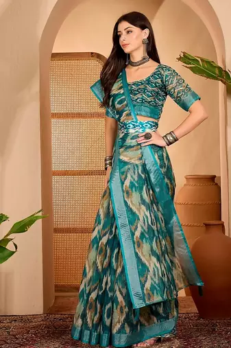 Royal blue linen geometric printed casual saree with blouse piece