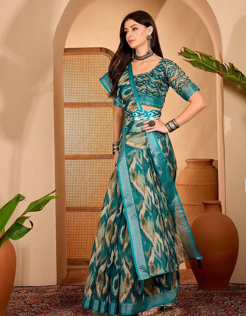 Royal blue linen geometric printed casual saree with blouse piece