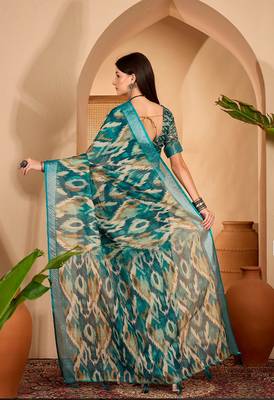 Royal blue linen geometric printed casual saree with blouse piece 3